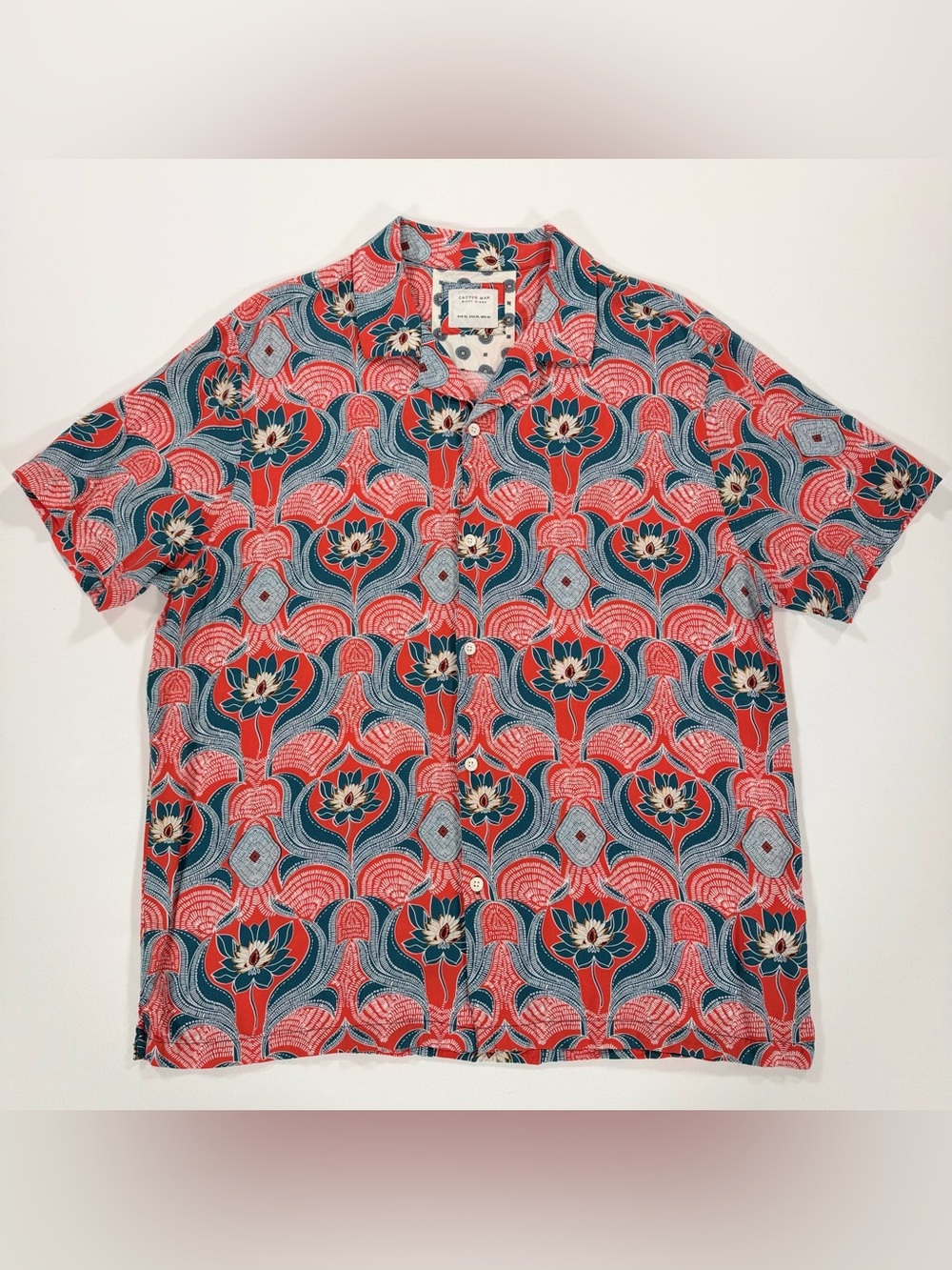 Cactus Man Ricky Singh Shirt Mens XL Orange Floral Lotus Viscose Hawaiian Camp